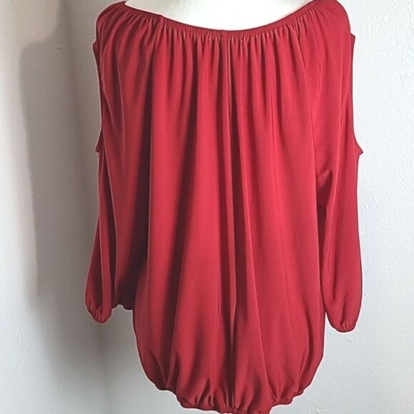 Notations Red Cold-Shoulder Blouse with Elastic Waistband, Size 1X - Picture 7 of 9